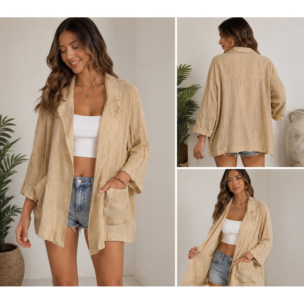 Poetry Linen Cotton Open Front Jacket Womens US8 Beige Crinkle Lagenlook Coastal